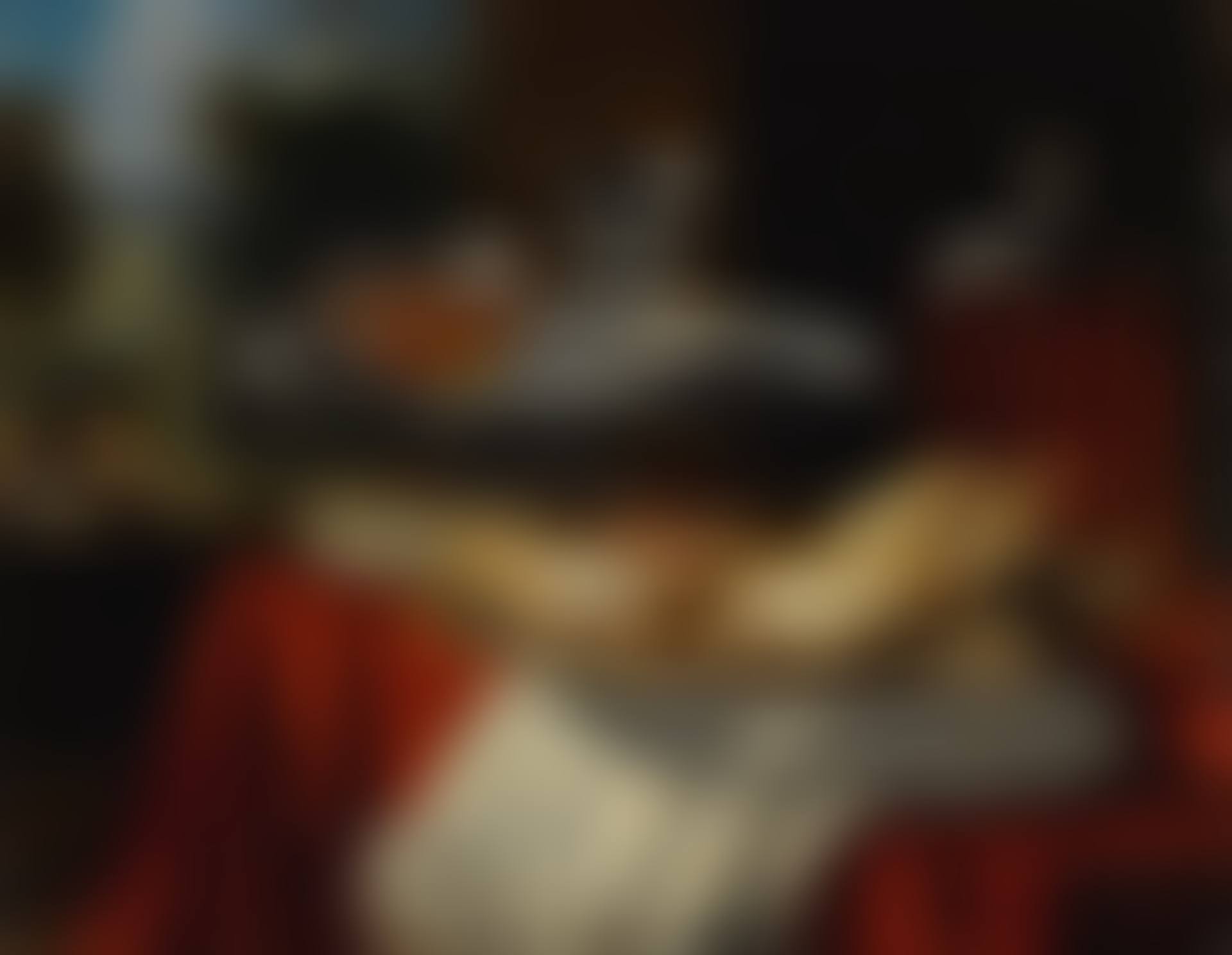 STILL LIFE OF A SILVER TRAY WITH SWEETS UPON A FOLDED WHITE CLOTH, A SILVER TRAY BEYOND IT WITH TWO CRYSTAL GLASSES UPON IT, ALL ON A TABLE DRAPED WITH A RED CLOTH, A WINDOW WITH A LANDSCAPE AND TWO FIGURES BEYOND (preview)