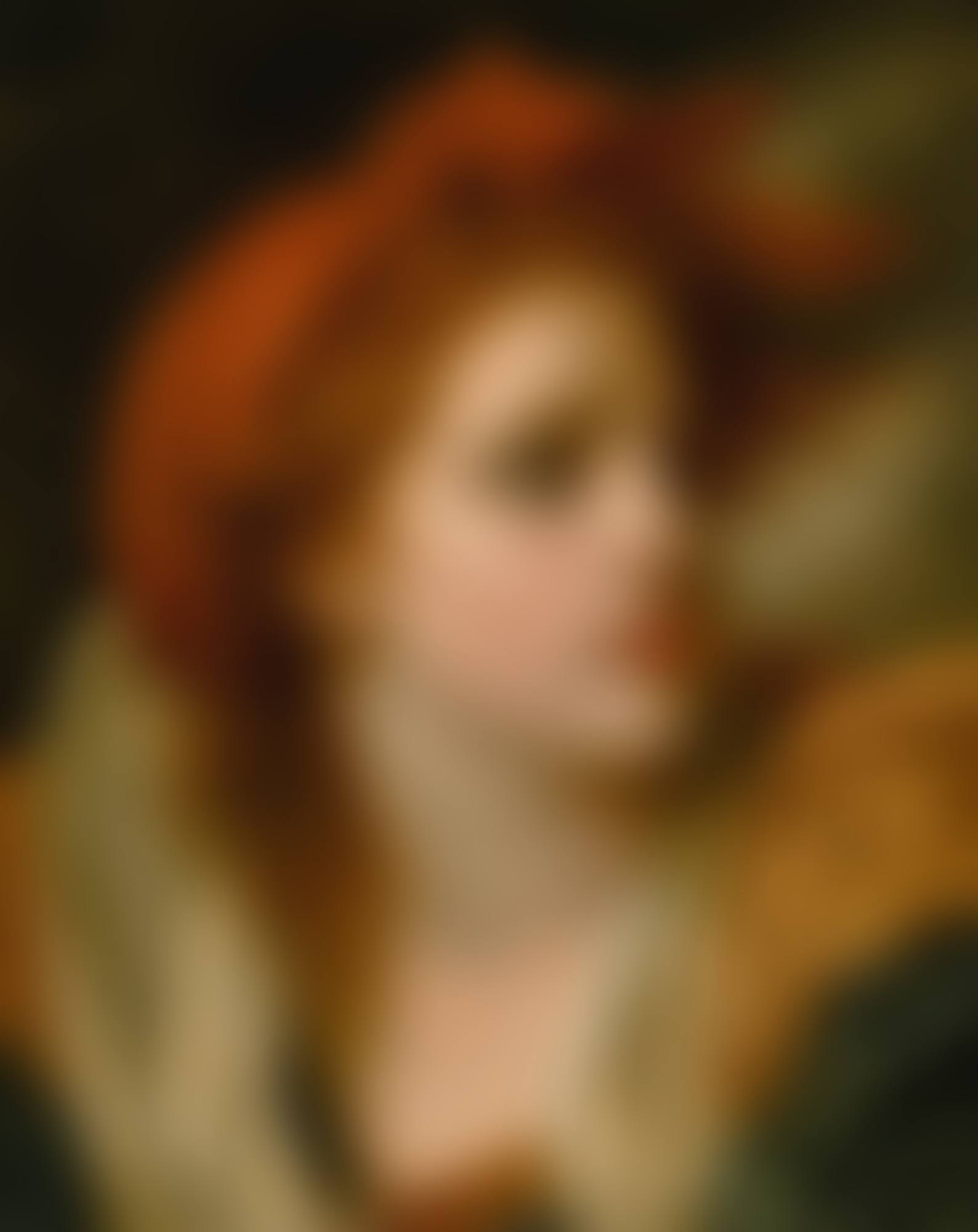 "L'EFFROI,"  A YOUNG GIRL, BUST-LENGTH, WITH HER HAIR TIED IN A RED SCARF (preview)