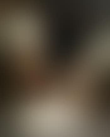 Cottage interior with young girl and boy feeding a dog. The damaged can - figures by a cottage. (preview)