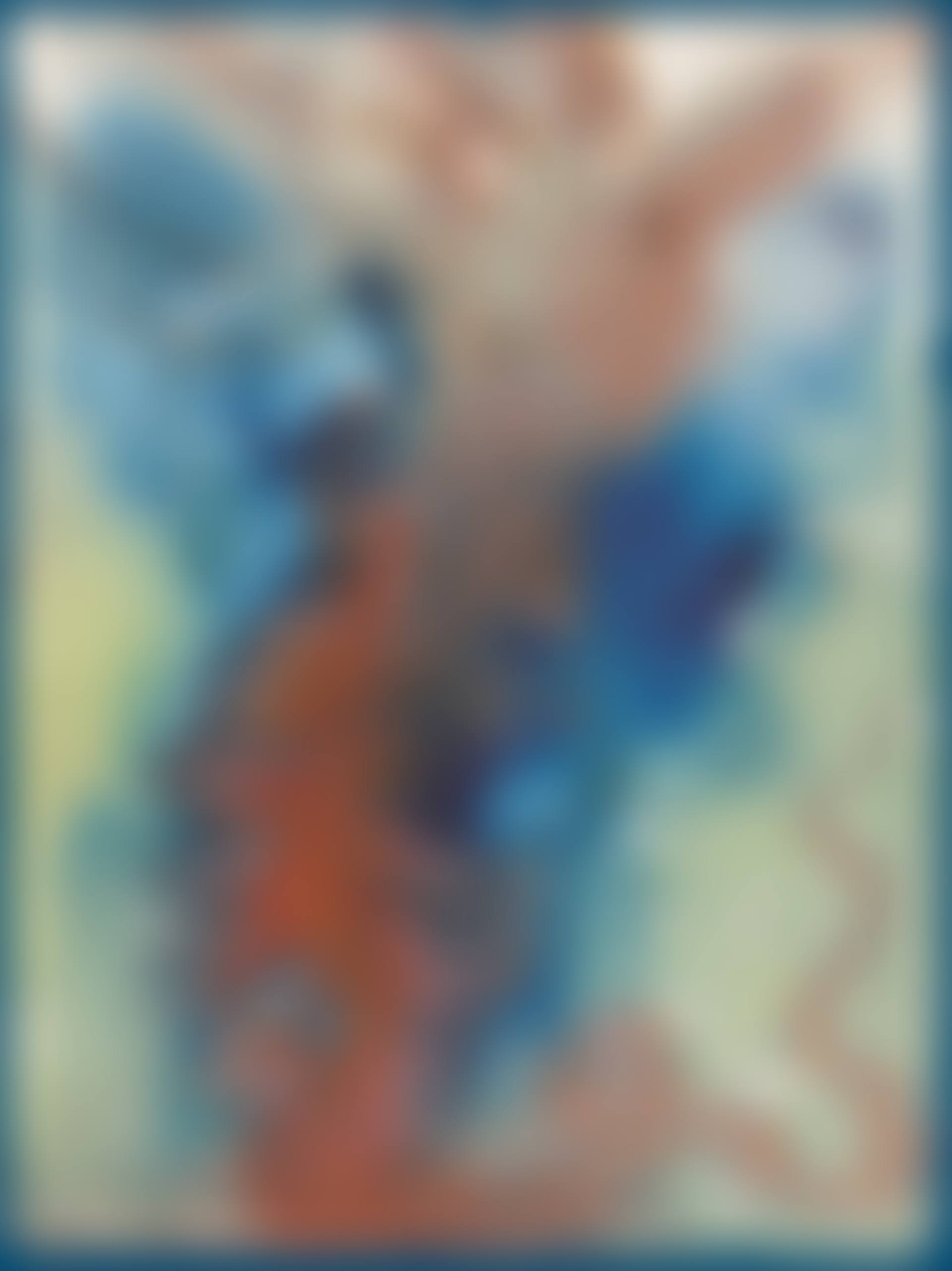 Oiseau serpente picorant une femme nue sur fond bleu (preview)