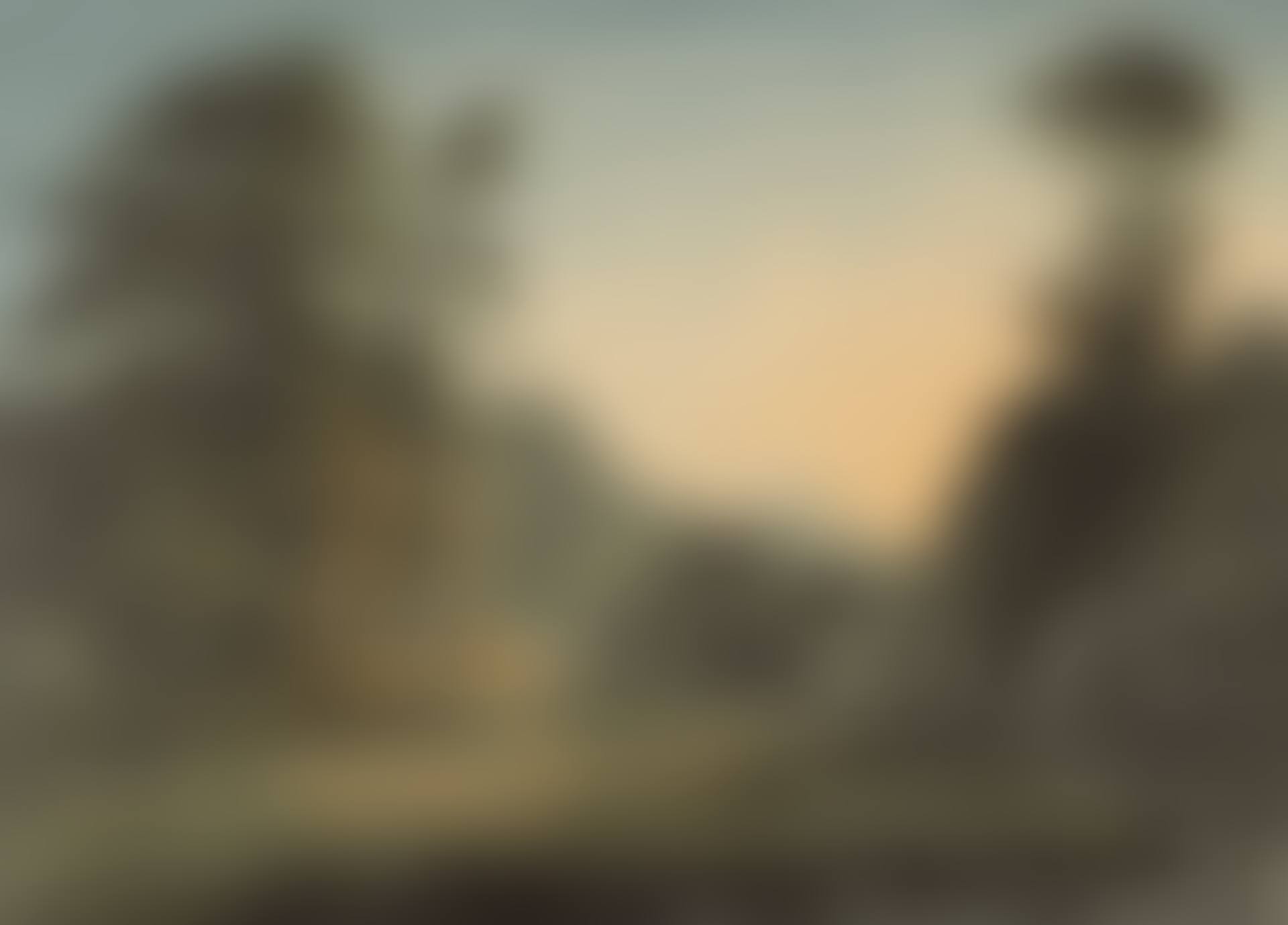 A farmhouse with outbuildings beside a stream at sunset (preview)