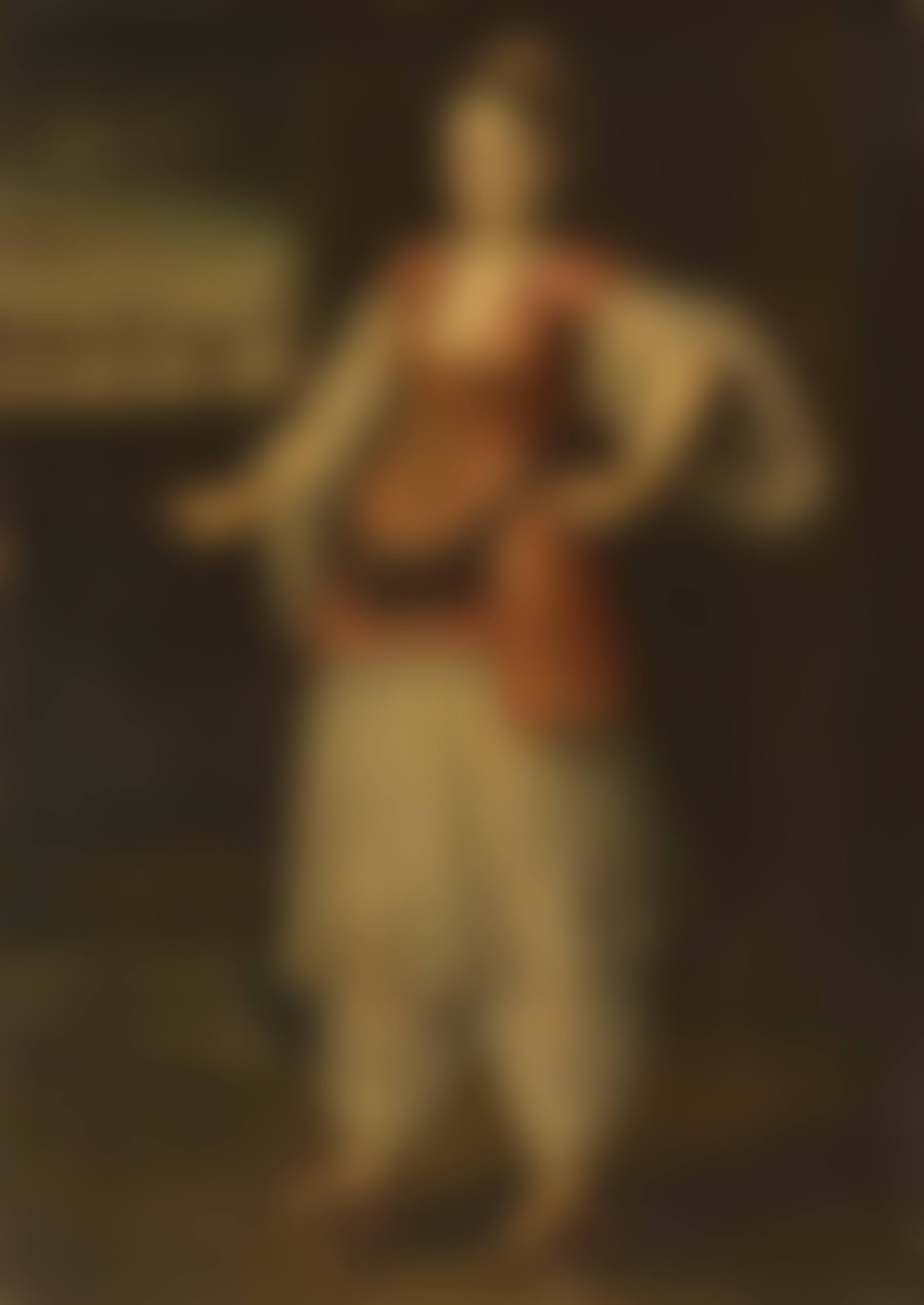 Portrait of a Sultana, full-length, wearing white salvar and gömlek, and a red and gold embroidered yelek, a view of Constantinople beyond (preview)