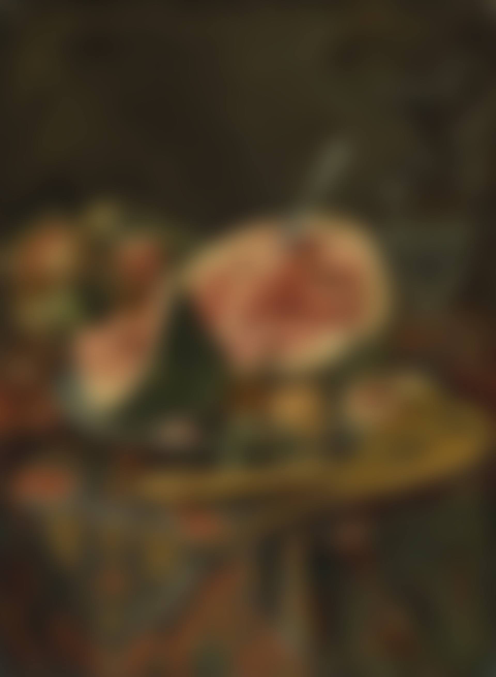 A watermelon and other fruit, with musical instruments and a glass ewer, on a draped table (preview)