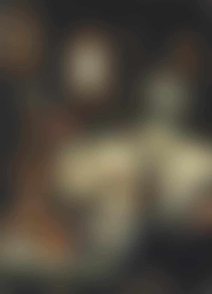 A skull, a lit candle, roses, an urn, a glass of wine, coins, fruit, bubbles, books and drapery on a marble ledge, with a clock, a mirror and a violin on the wall beyond (preview)