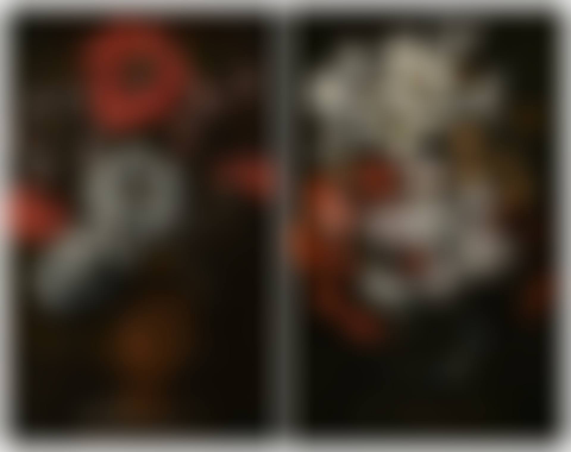 Poppies in a gilt vase on a stone ledge; and Lilies, carnations and other flowers in a glass vase, on a stone ledge (preview)