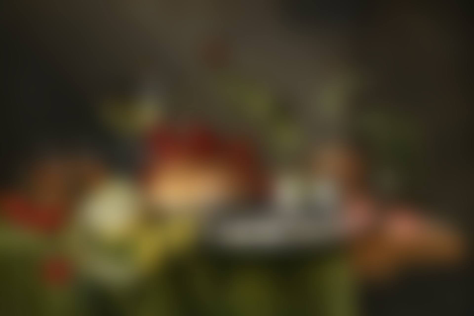 Herring and shrimp on a silver platter, with onions, bread, a lemon, an orange, grapes, a butterfly, cherries, a glass of wine and a glass of beer, on a draped ledge (preview)