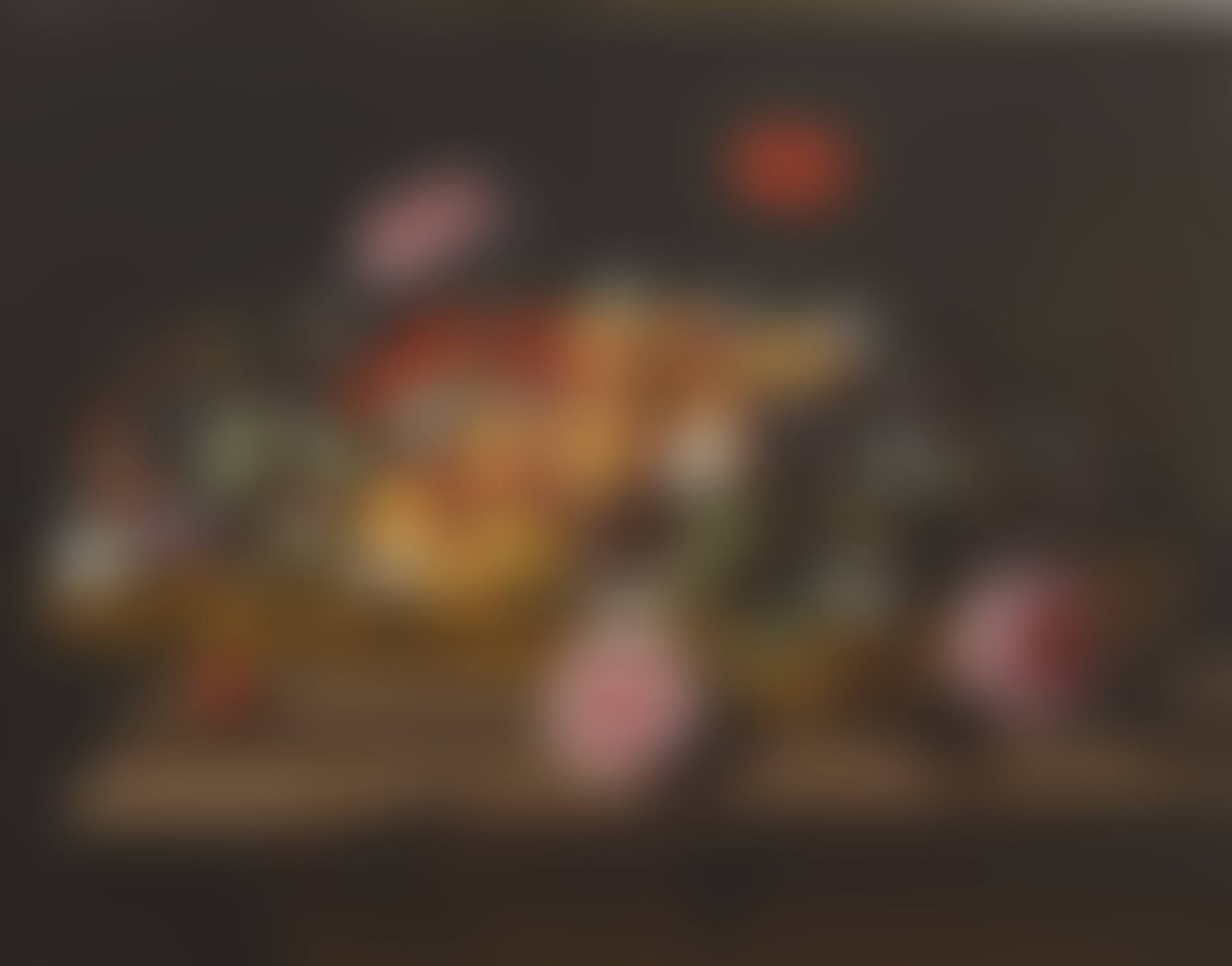 Still life of apricots, figs, pears, plums and cherries with roses, jasmine flowers and a carnation in a wicker basket on a stone ledge (preview)