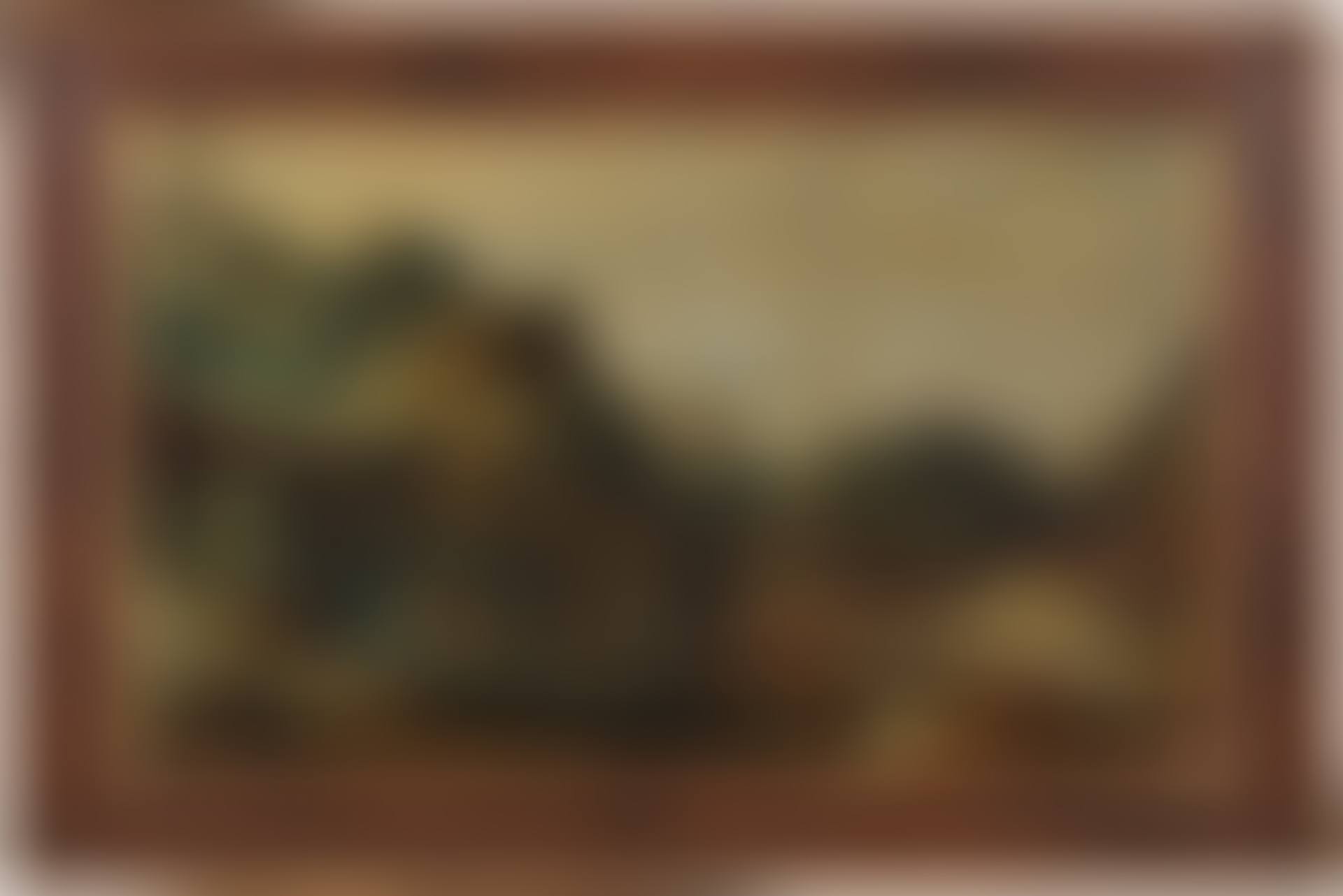 A mountainous landscape with travellers on paths along a riverbank (preview)