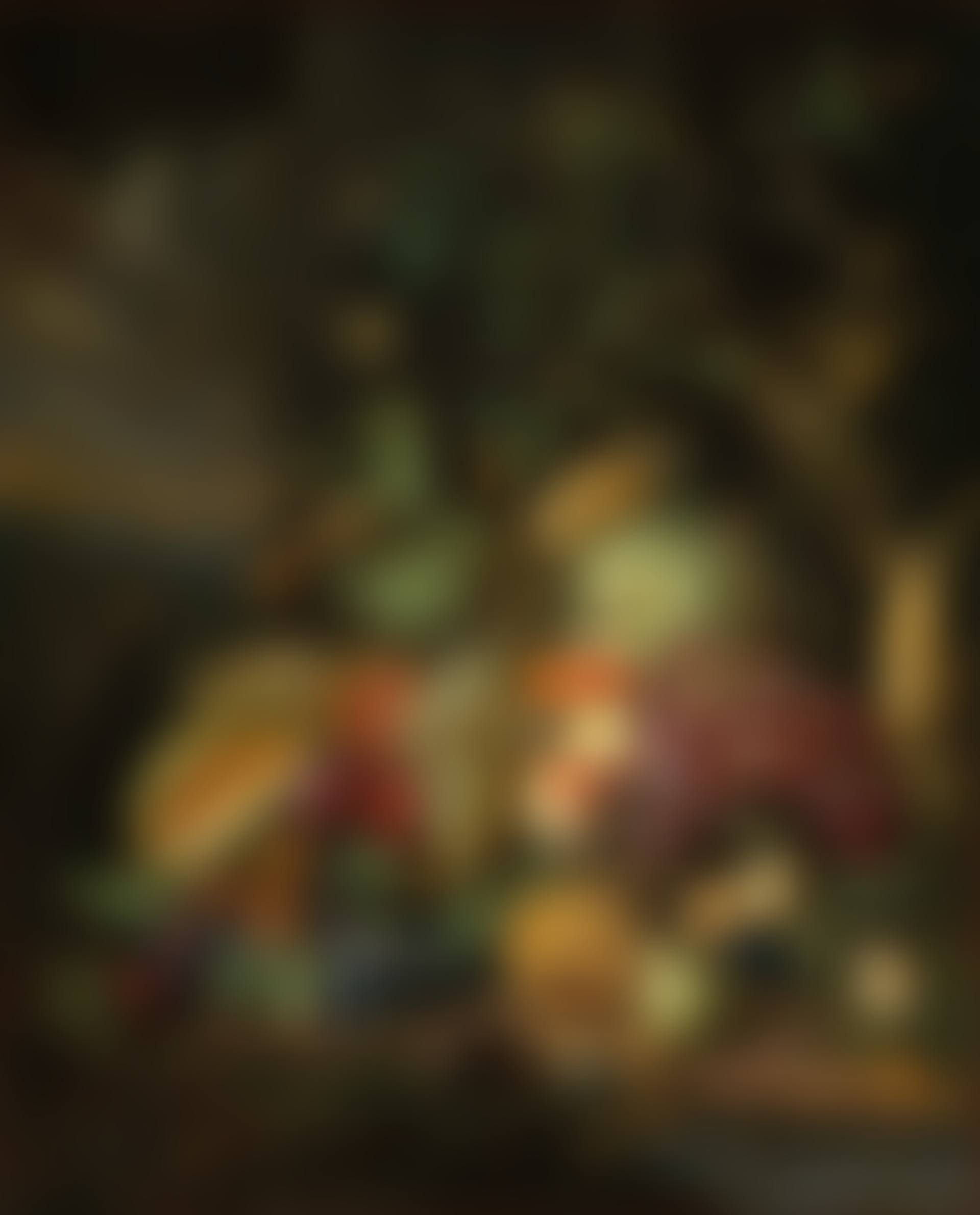 Cantaloupe, peaches, grapes, plums and other fruit and vegetables with insects on a forest floor (preview)