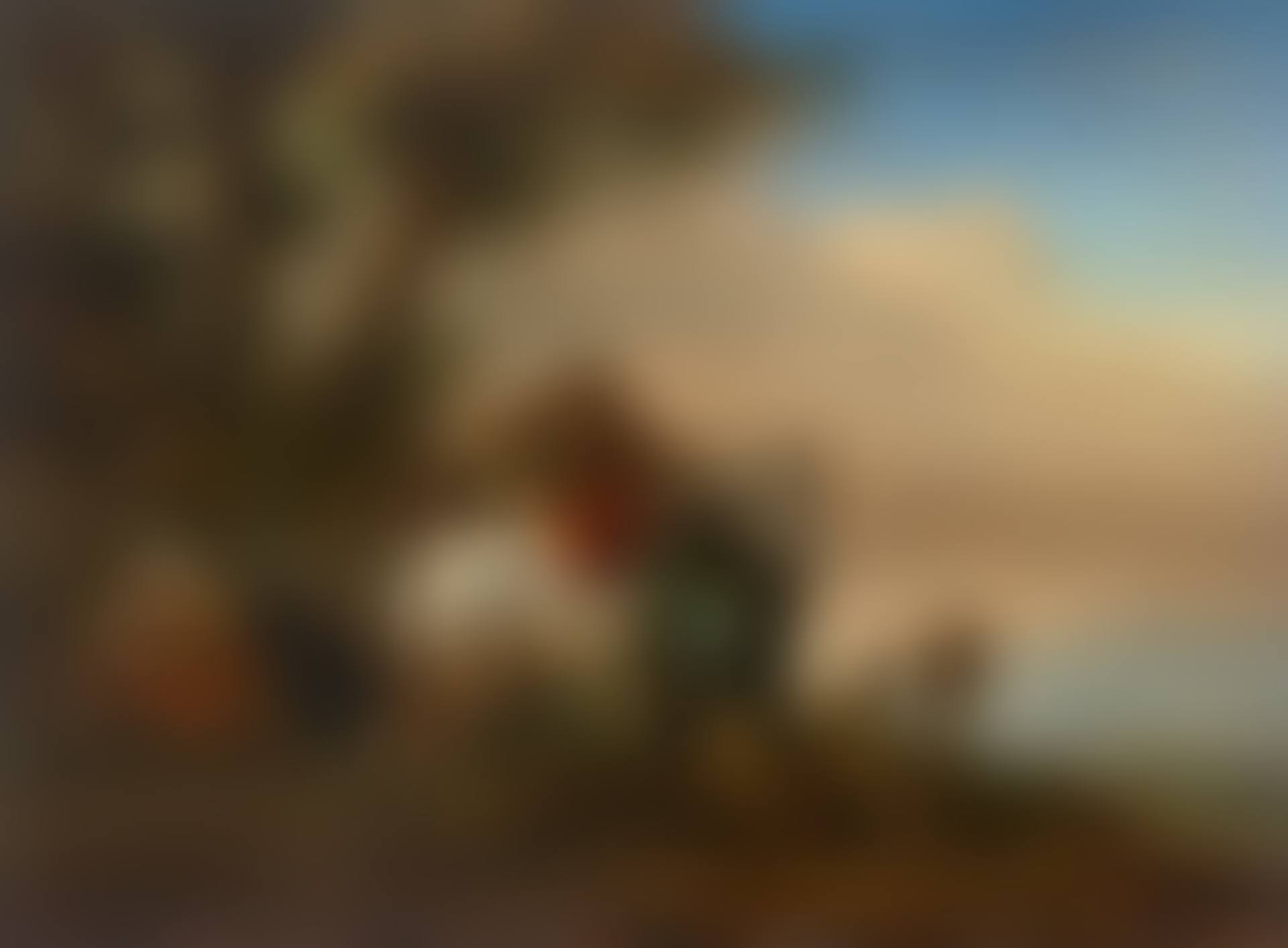 A hunter saddling his horse and a shepherd family, an extensive landscape beyond (preview)