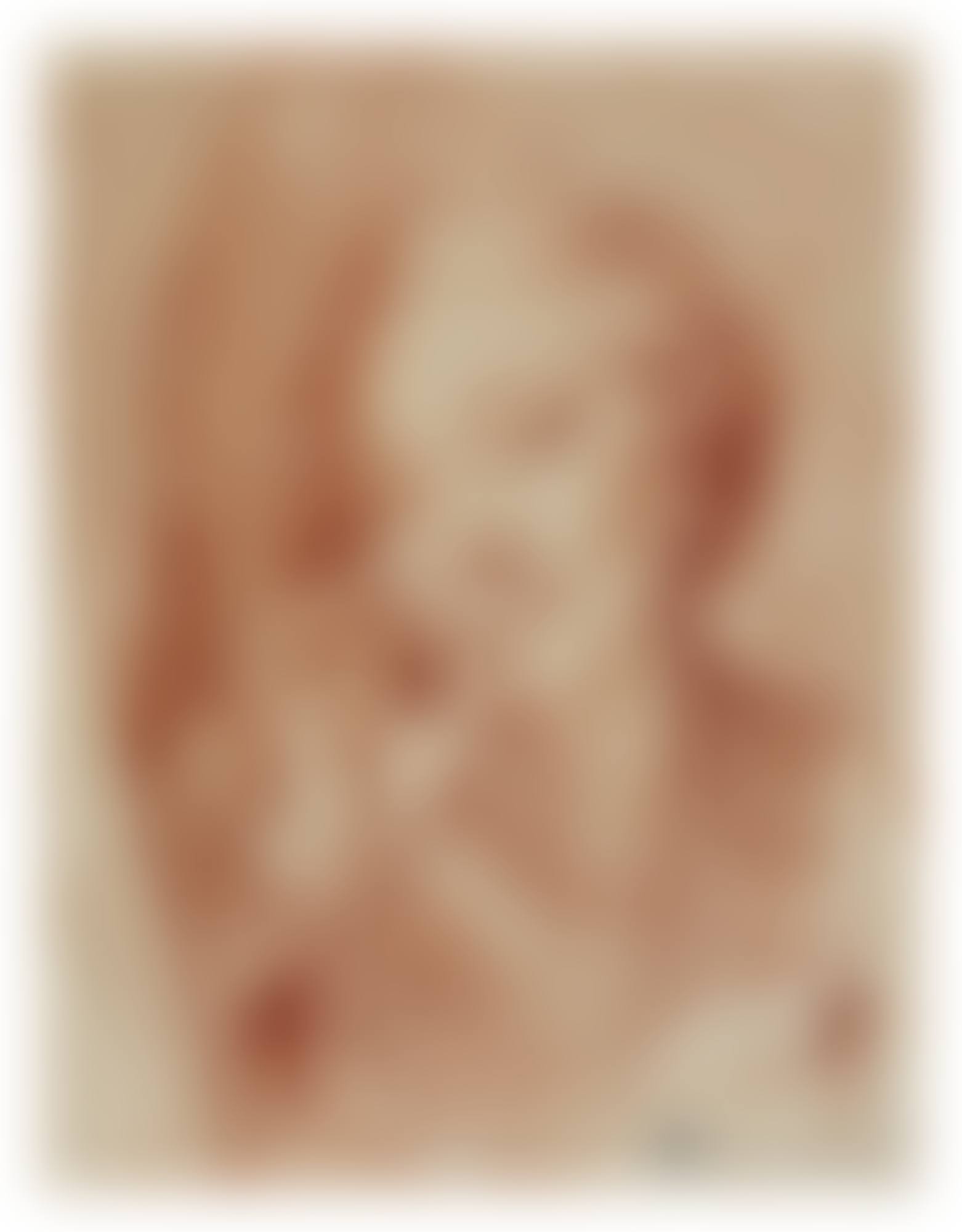 A young woman appearing behind a curtain, her hand at her mouth (preview)