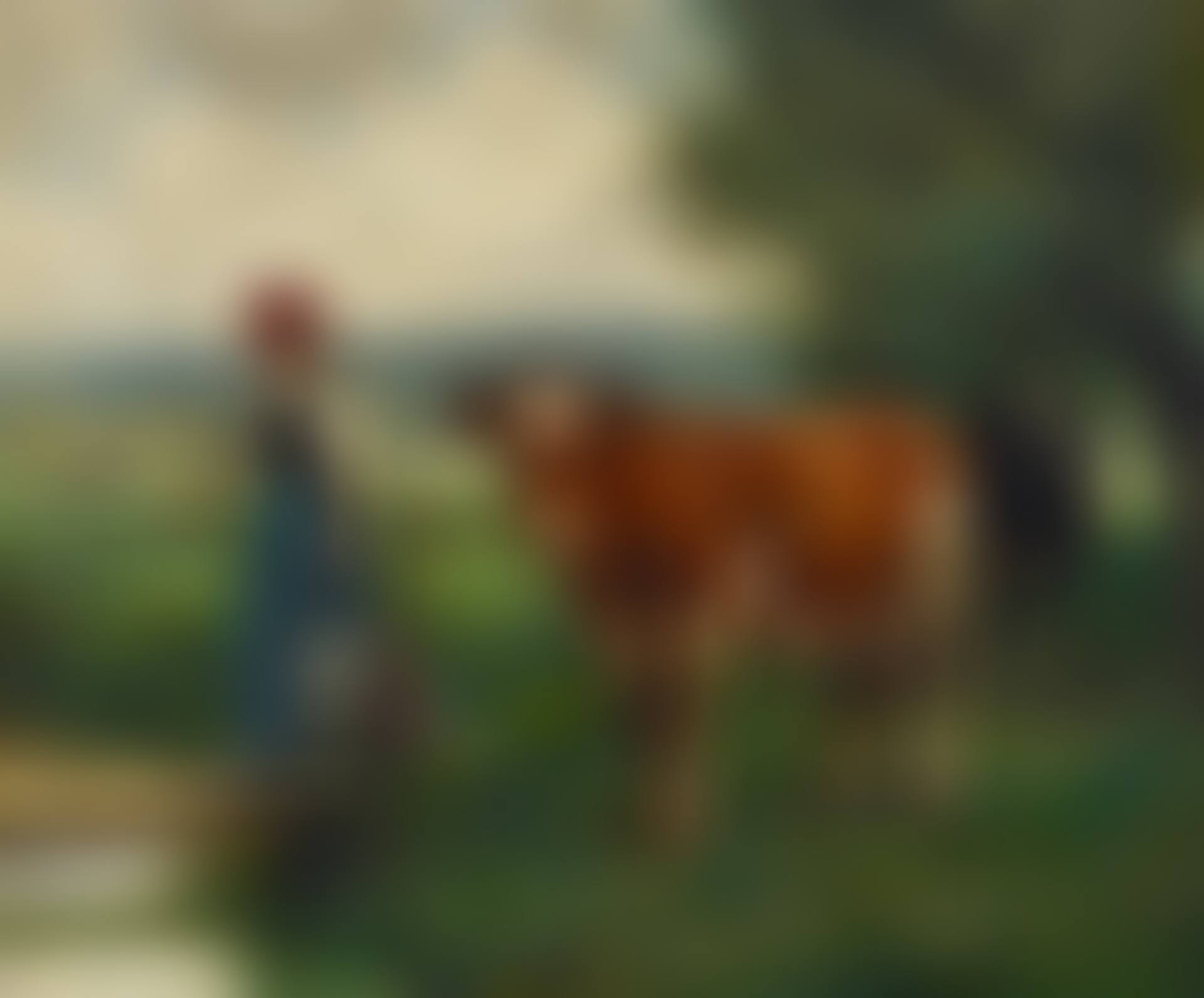 Femme sur passerelle, vaches près mare (preview)