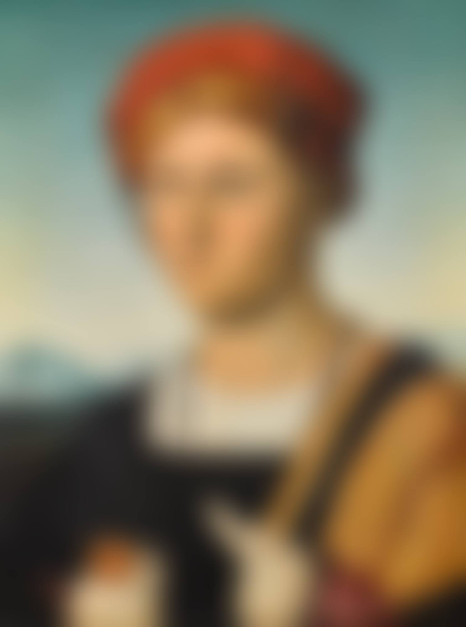 Portrait of a man, half-length, wearing a red hat and gold brocade cloak, holding a dagger, a landscape beyond (preview)