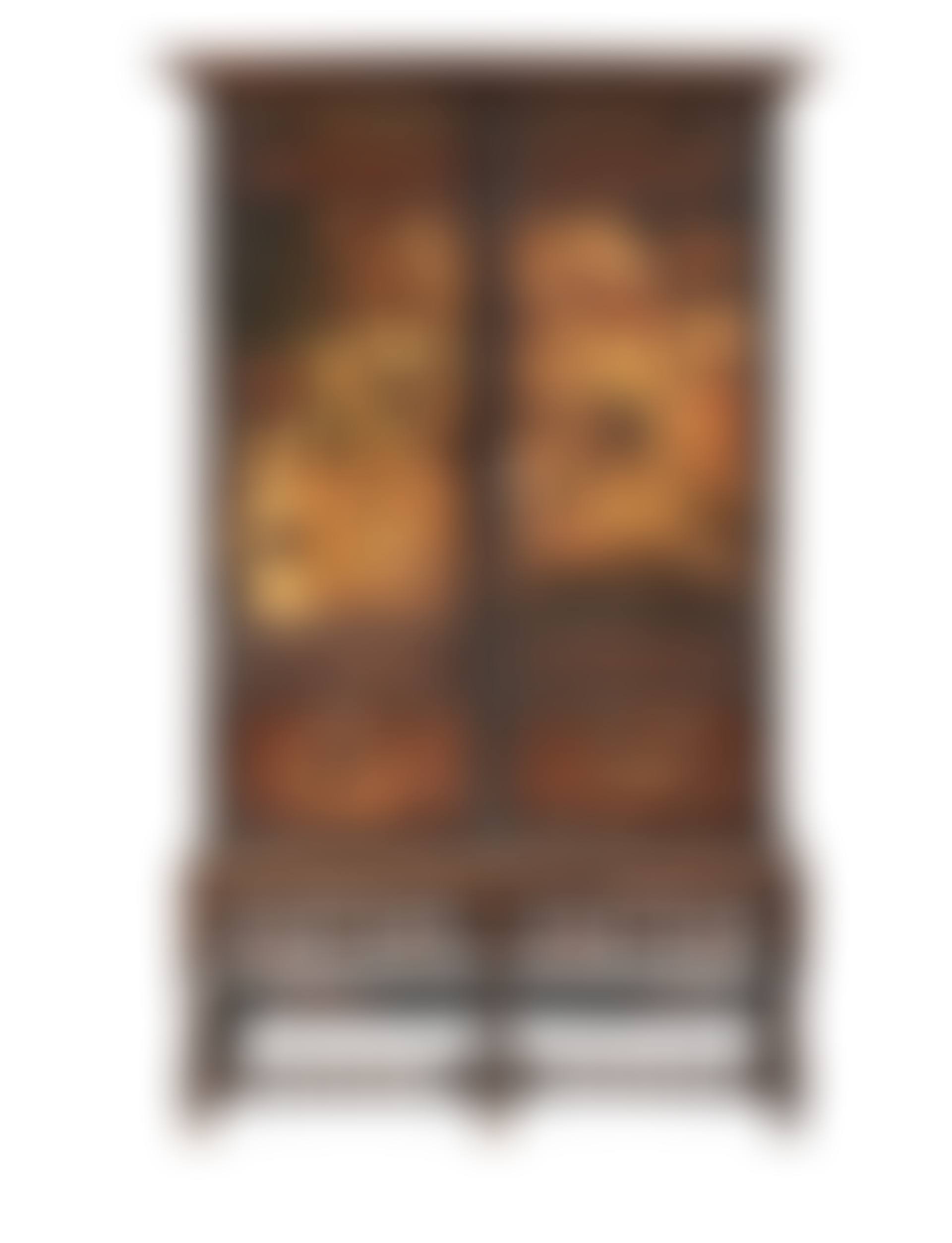 An unusual early 20th century painted leather and carved oak wardrobe (preview)