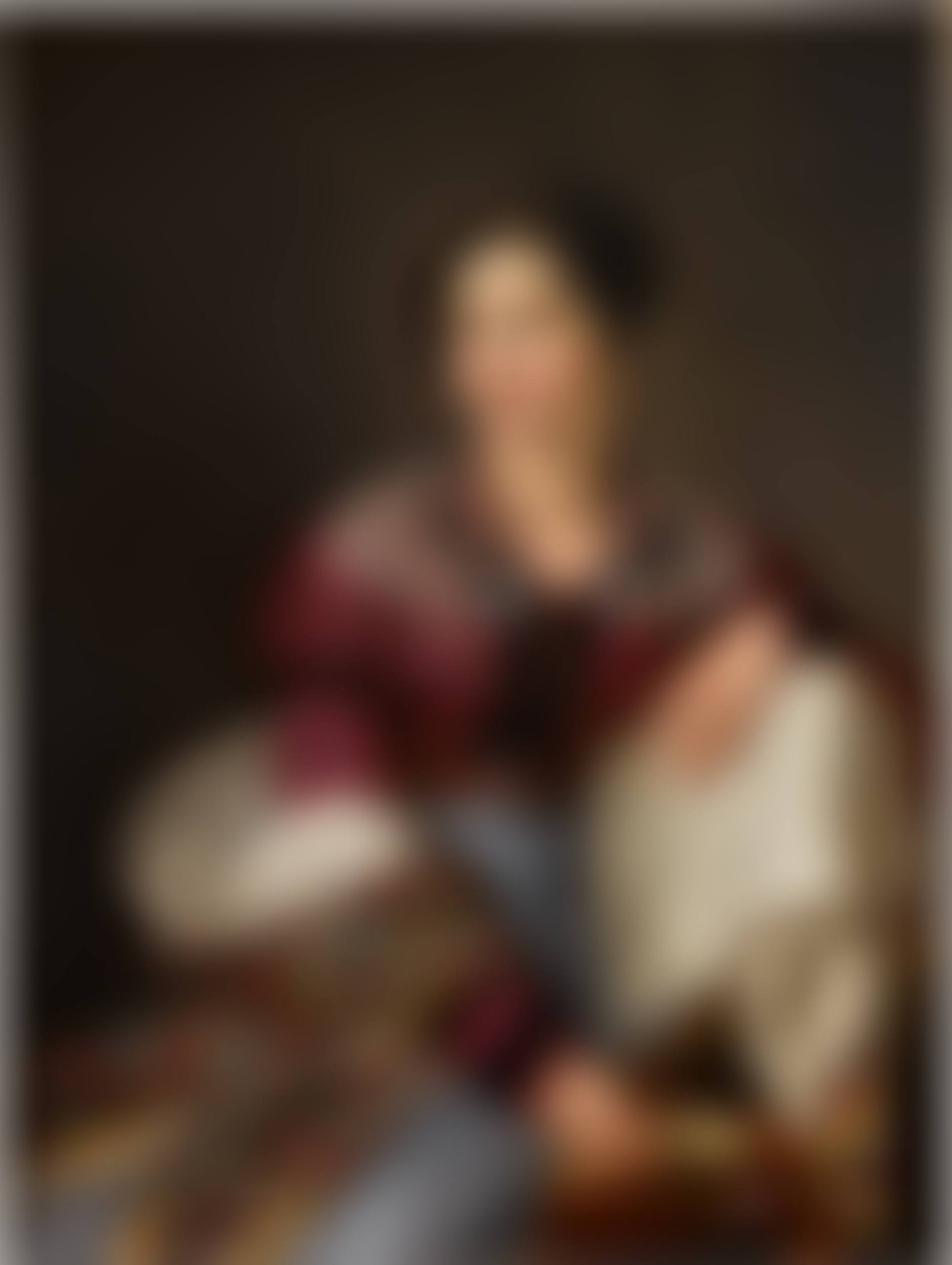 Portrait of an elegantly dressed lady, three-quarter-length, seated, holding a sprig of wild roses (preview)