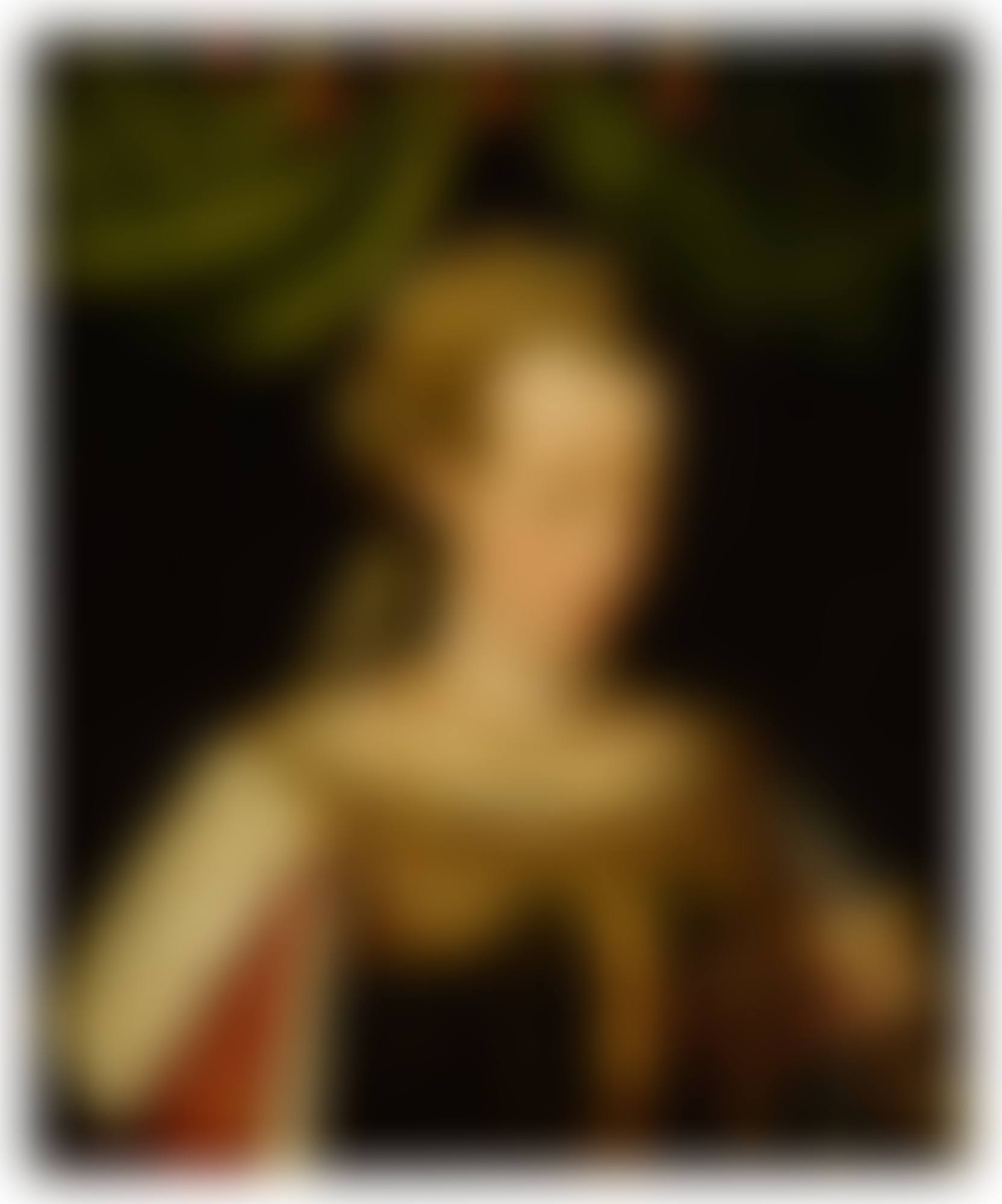 Portrait of a noblewoman as a sibyl, wearing an ornate jeweled headdress and coronet, holding a book in her left hand, and a baldacchino above (preview)