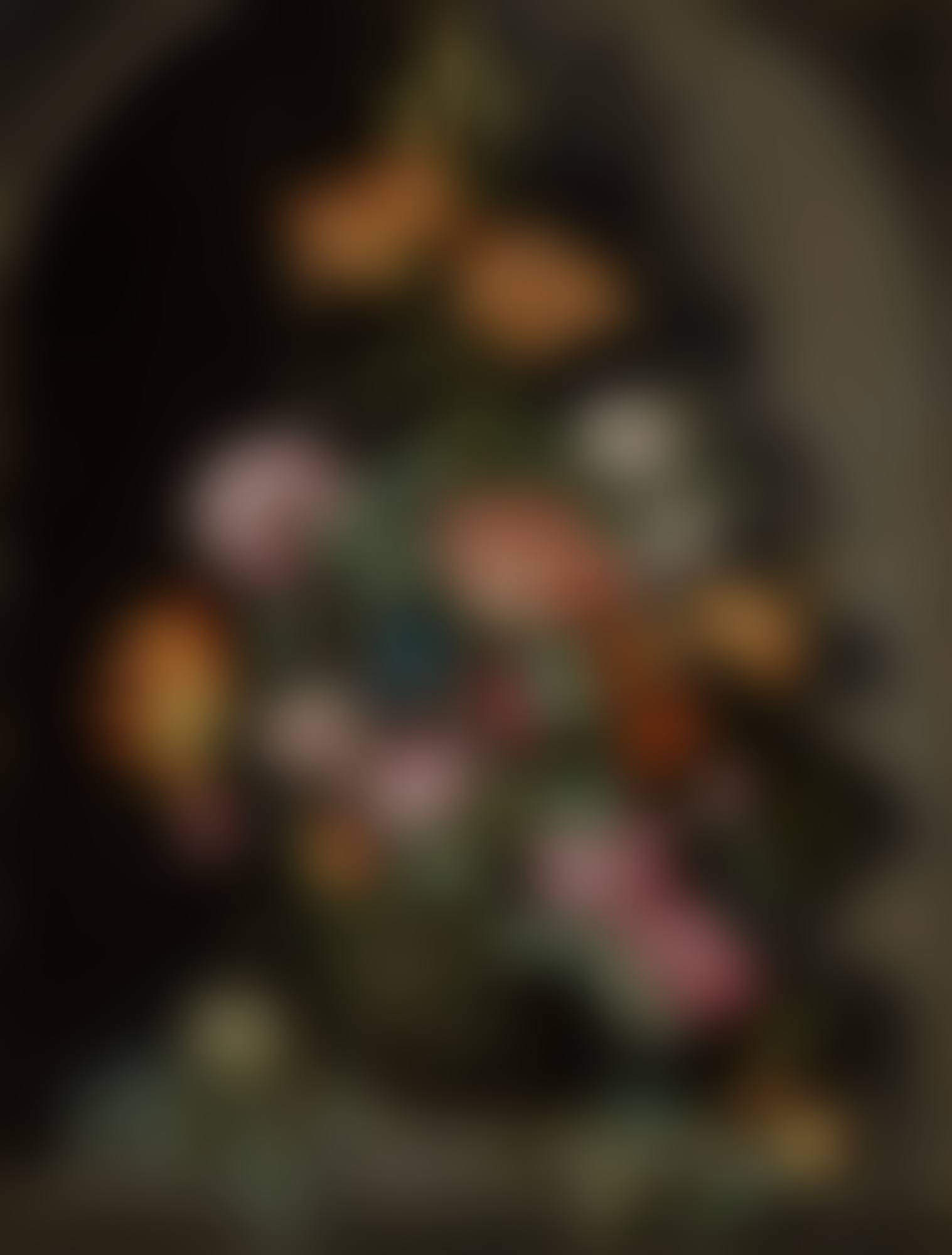 Bouquet of tulips, lilies, and carnations in a glass vase with apples, grapes, a lizard and butterfly, in a stone niche (preview)