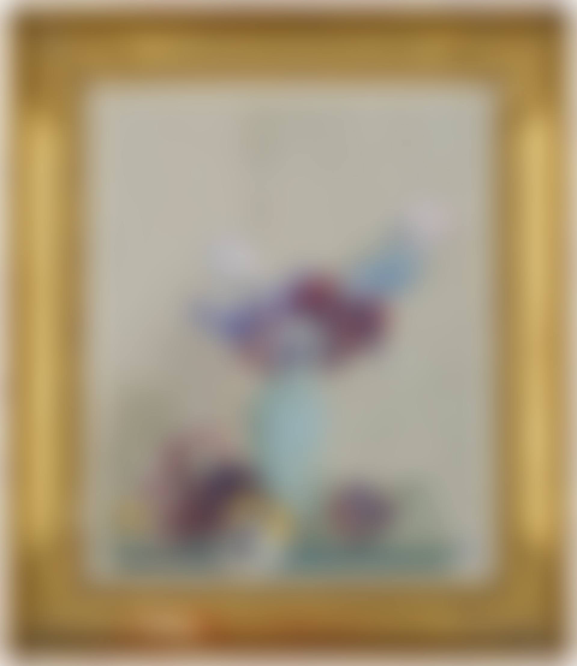 Tulips and primulas in a blue vase on a table (preview)