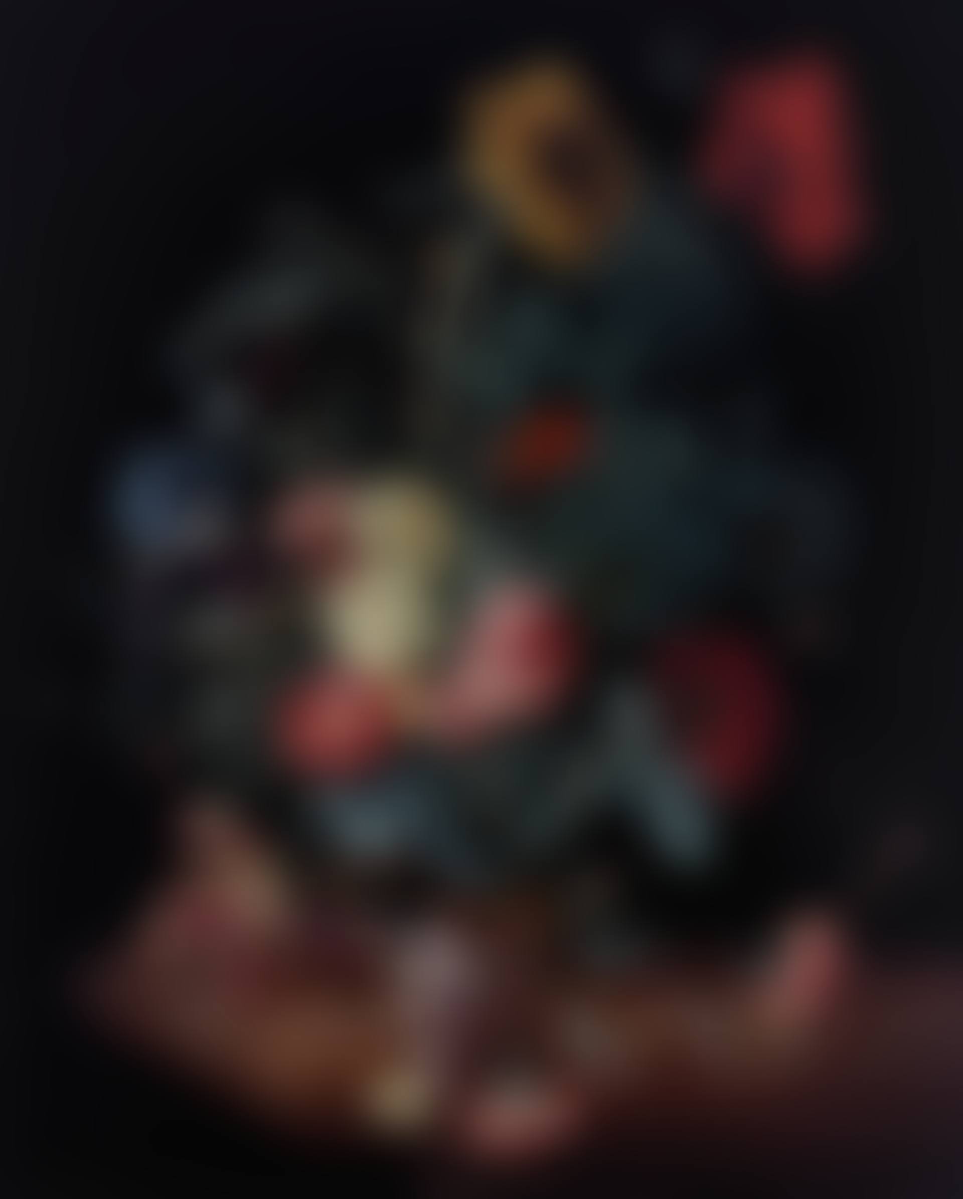 A bouquet with a sunflower, roses, an iris, tulips, carnations and a camellia in a gilt mounted vase, with insects on a marble tabletop (preview)