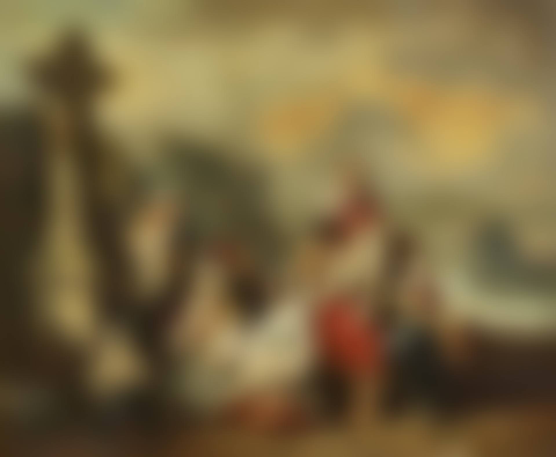 Women with children worshiping in front of a stone cross (preview)