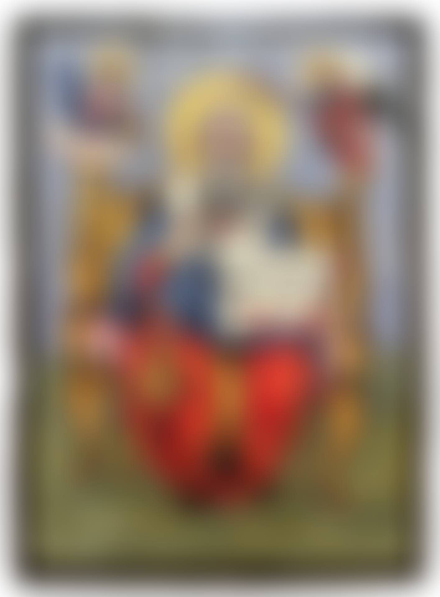 Icon, Greece, Saint Gregory Palamas archbishop of Thessaloniki on a throne, holding the gospel (Jn. XIII, 34) crowned with flowers by an angel and blessed by Christ (preview)