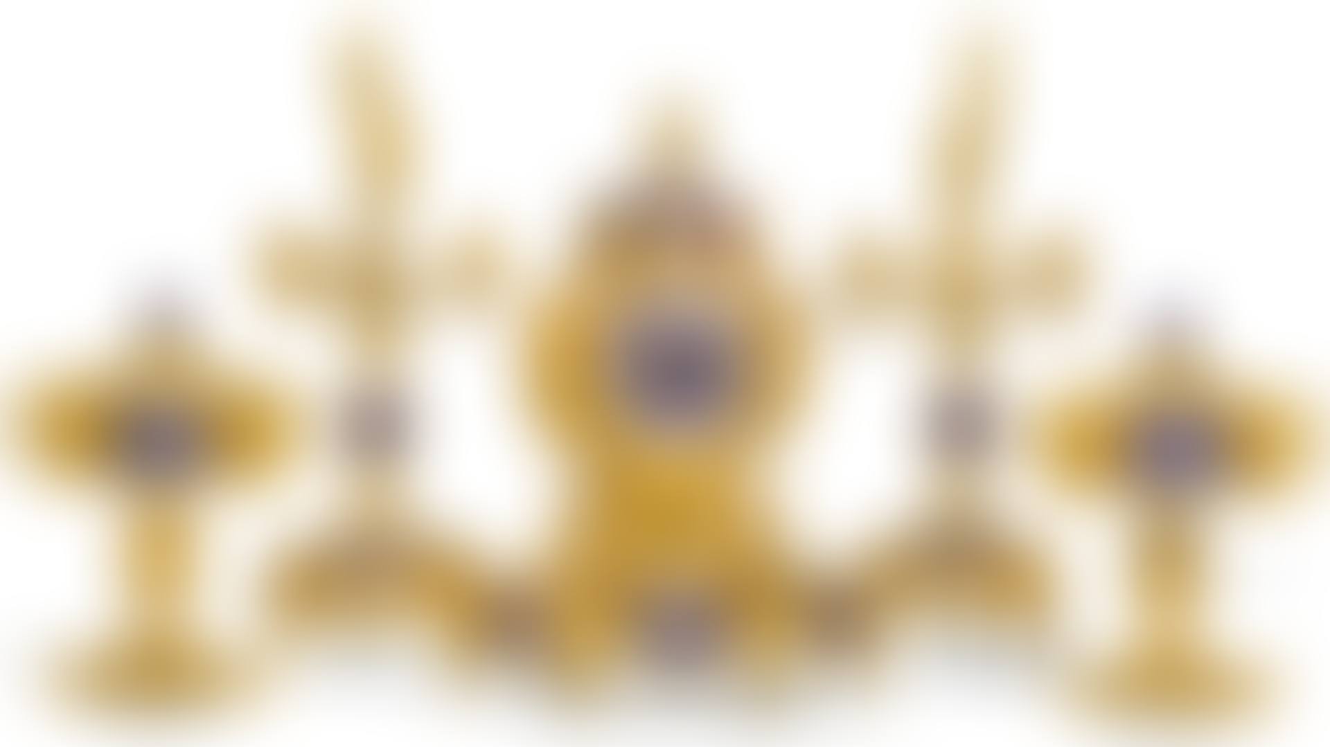 A FRENCH GILT-BRONZE AND PAINTED PORCELAIN FIVE-PIECE GOTHIC REVIVAL MANTEL CLOCK GARNITURE (preview)