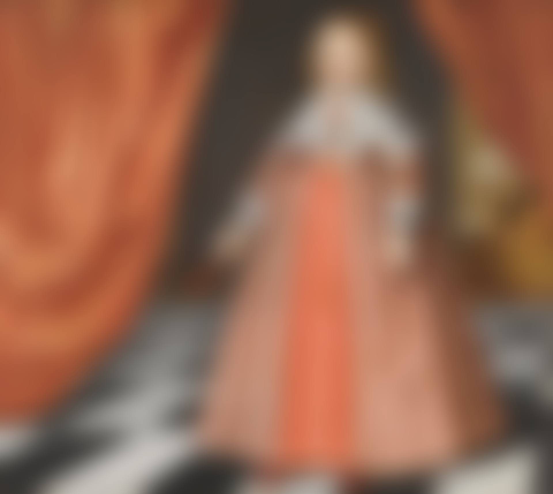 A PORTRAIT OF A YOUNG GIRL BY A DRAPED RED CURTAIN, A LANDSCAPE BEYOND (preview)