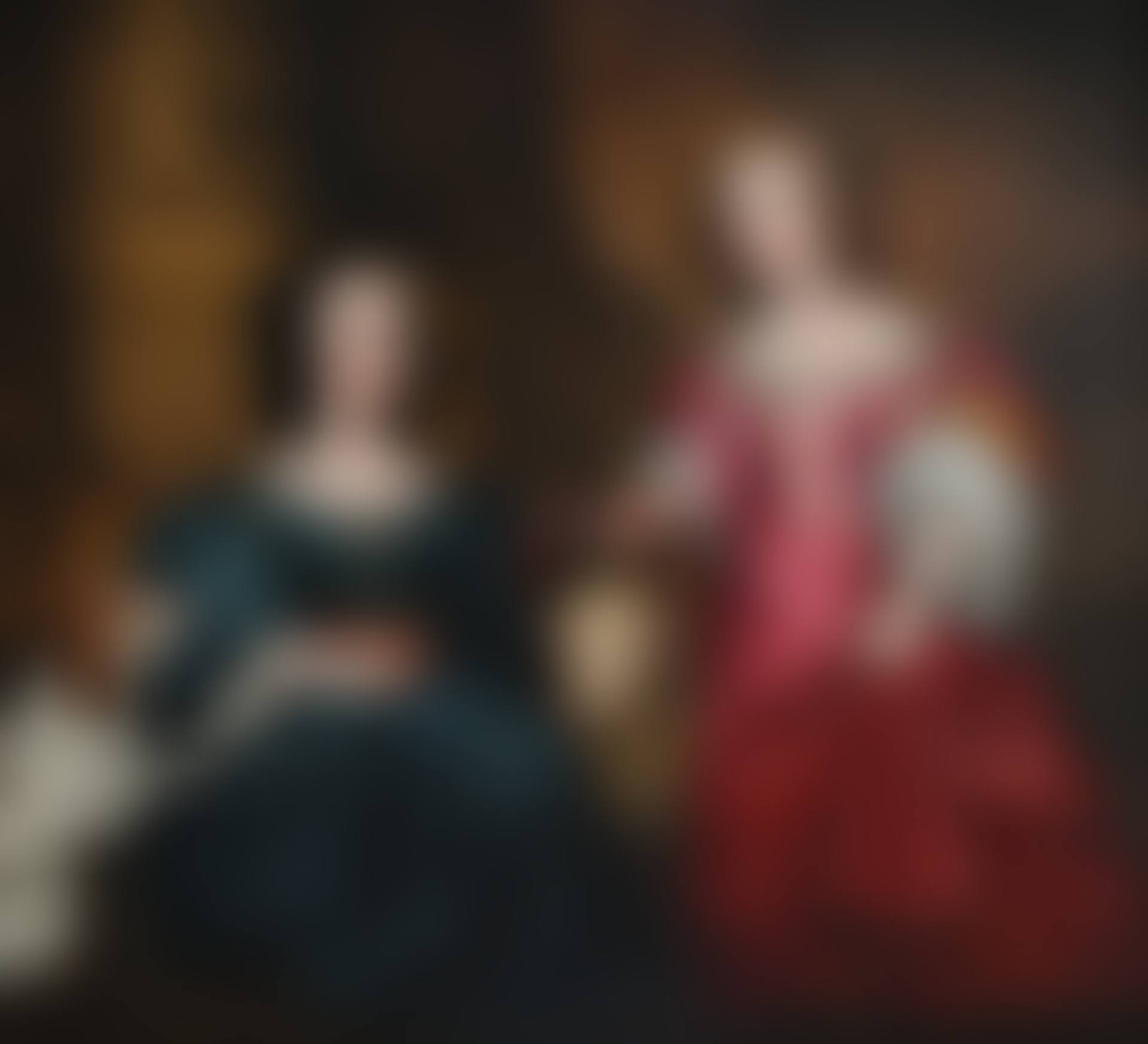 Portrait of two sisters with a sheep and a dog, by a fountain (preview)