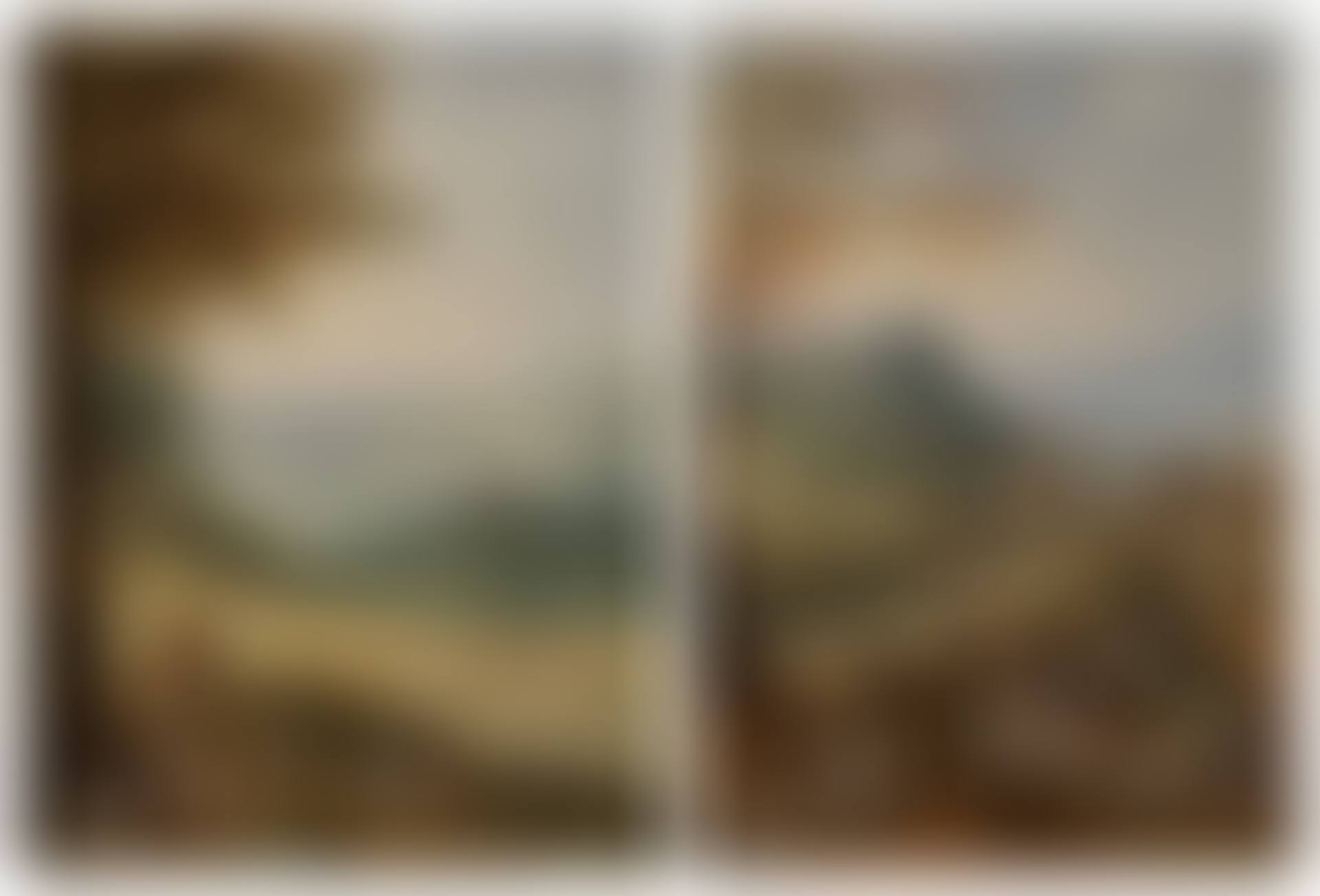 Summer: an extensive landscape with peasants harvesting grain and a church beyond; Autumn: a rocky landscape with cattle travelling on a road (preview)