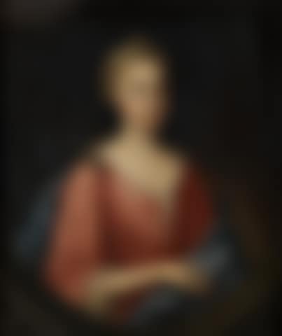 Portrait of Elizabeth Lyster, half-length, in a red dress and blue wrap, within a painted oval (preview)