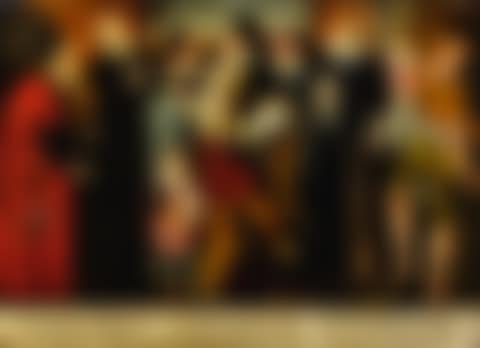 ELEGANTLY-DRESSED FIGURES CONVERSING IN FRONT OF BUILDINGS IN A LANDSCAPE (preview)