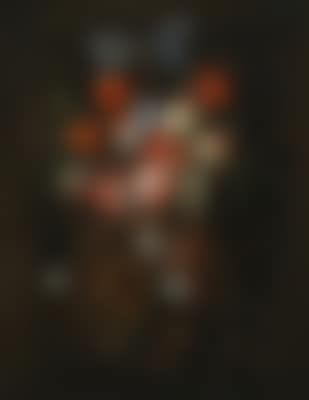 A still life of fruit and flowers hanging from a ribbon (preview)