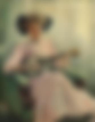 Interior with a young girl in a pink dress playing a mandolin (preview)