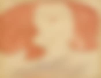Kopf einer Frau mit roten Haaren, roten Lippen, violetter Hand (preview)