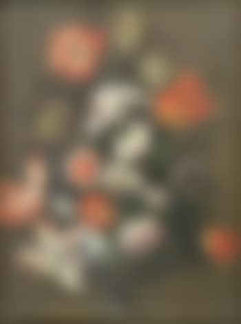 Floral Still life of tulips, roses, carnations, chrysanthemums and daffodils in a blue and white ceramic vase, upon a stone plinth (preview)