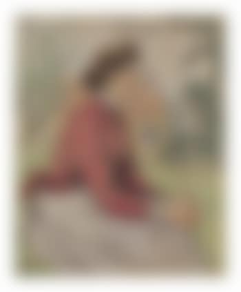 Jeune femme au corsage rouge assise devant une maison (preview)