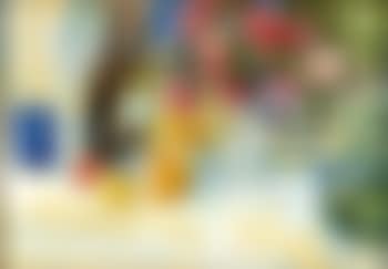 Composition au bouquet de roses, fruits et bouteille sur un entablement (preview)