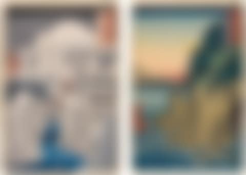 THE ENTRANCE TO THE CAVES, SAGAMI PROVINCE' AND 'MOUNT HARUNA, KOZUKE PROVINCE', FROM THE SERIES FAMOUS VIEWS OF THE SIXTY ODD PROVINCES (preview)