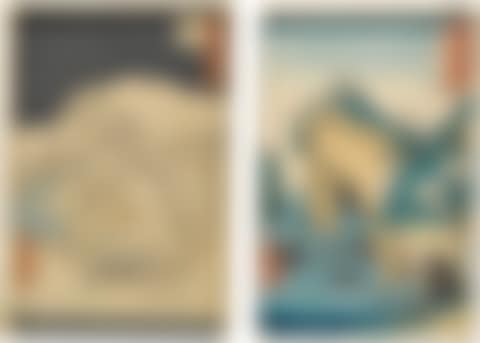WATERFALL BAY IN NOTO PROVINCE', FROM THE SERIES FAMOUS VIEWS OF THE SIXTY-ODD PROVINCES, ca. 1853, AND 'FUJIKAWA', FROM THE SERIES FAMOUS PLACES OF THE FIFTY-THREE STATIONS (preview)