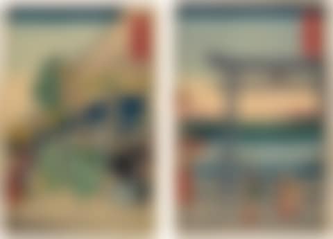 TWO PRINTS: THE SURUGA DISTRICT IN THE EASTERN CAPITAL & THE ENTRANCE GATE AT ENOSHIMA IN SAGAMI PROVINCE, FROM THE SERIES THIRTY-SIX VIEWS OF MOUNT FUJI (preview)