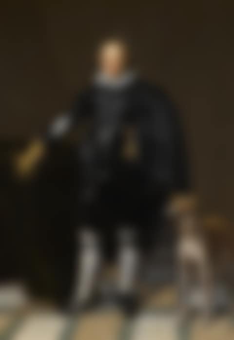 PORTRAIT OF A GENTLEMAN, FULL-LENGTH, HOLDING HIS SWORD AND A HAT, WITH A DOG IN AN INTERIOR (preview)