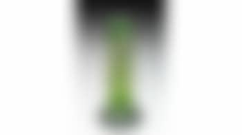 Vase de forme tubulaire à base pansue en verre teinté vert bouteille à décor émaillé de cypripediums , (preview)