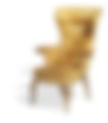 High-backed wing chair with curving oak legs , (preview)