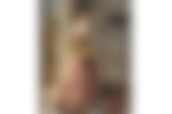 Lady standing full-length in a pink satin dress with small dog in attendance , (preview)