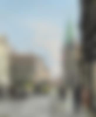 Street scene from Saint Clemens Torv (Square) in Aarhus with tram, horse carriage and numerous people , (preview)