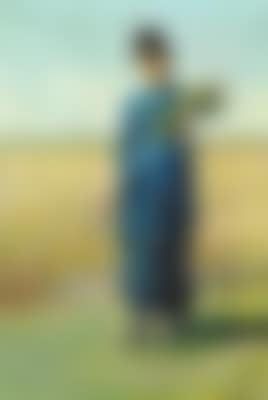 A young girl (Ane Møller) in a blue dress on a field holding a bouquet of wild flowers in her hand , (preview)