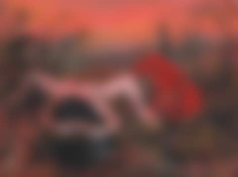 Woman drinking from a stream, with red dog (preview)
