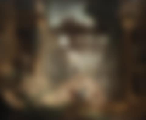 FIGURES ON HORSEBACK DEPARTING A RUINED, VAULTED BUILDING WITH COLONNADES (preview)