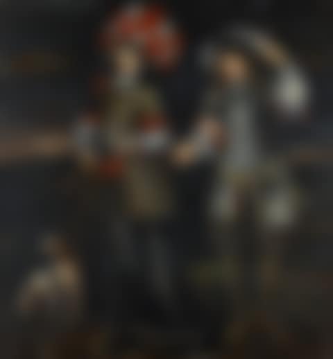 PORTRAIT OF A YOUNG WOMAN AND A YOUNG MAN IN RICH HUNTING DRESS WITH GUNS, STANDING IN A LANDSCAPE WITH A PAIR OF DOGS (preview)