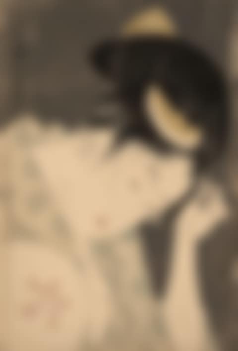 The obvious love (Arawaruru koi), portrait bust (okubi-e) of a young woman arranging a hairpin on micaceous background (preview)